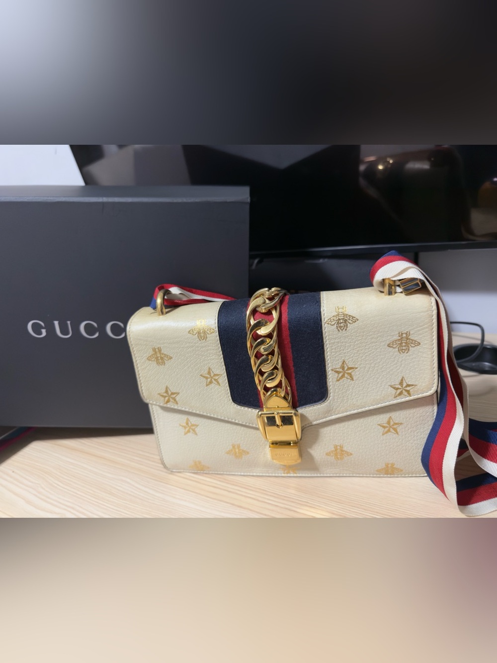 Gucci Cream Shoulder Bag with Gold Bee & Star Motifs and Red-Blue Strap